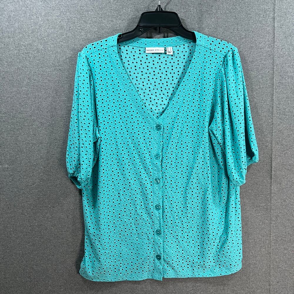 Susan Graver Eyelet Knit Button-Front Top with Blouson Turquoise Falls, Large